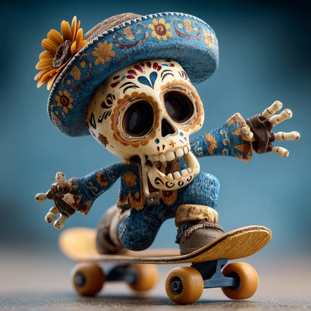 3D Mexican Skull Skateboarder Dia de los Muertos