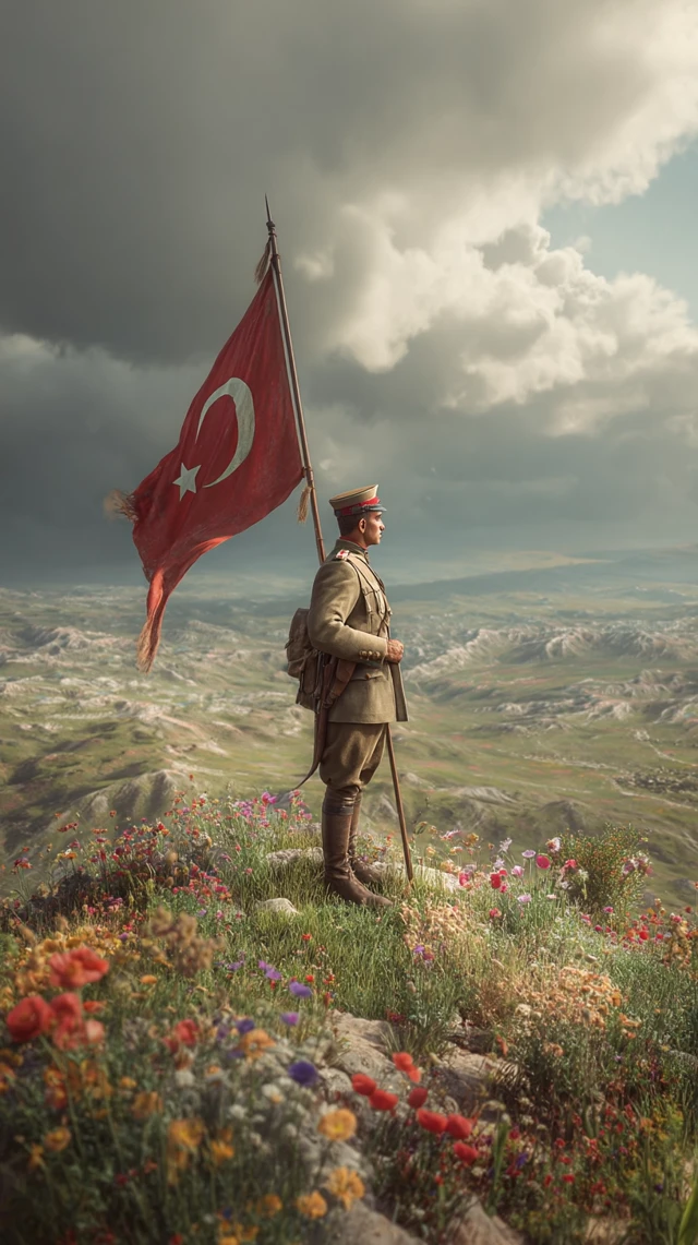 Turkish Soldier on Hilltop with Flag Dramatic Scene