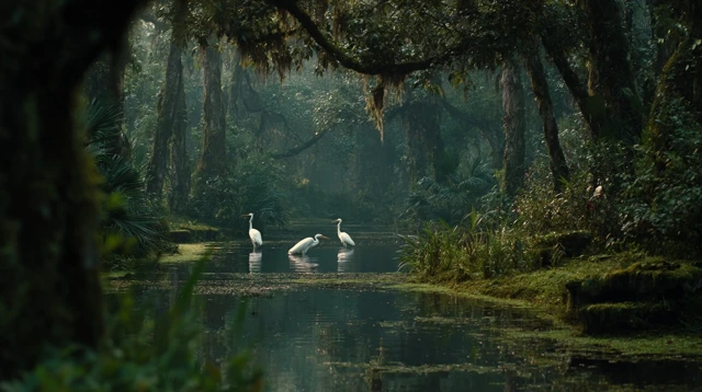 Tropical Forest Scene with Cranes and Pond