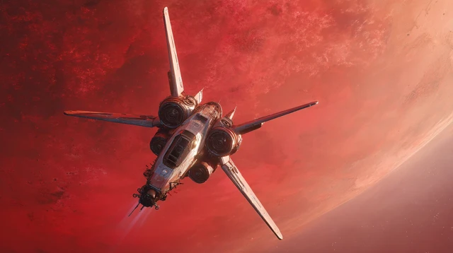 Spaceship Orbiting Red Planet Cinematic View