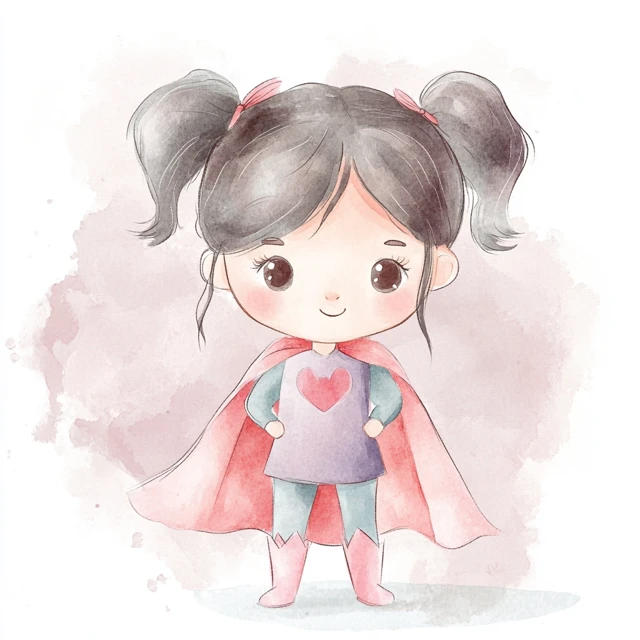 Cute Asian Superhero Girl Watercolor Illustration