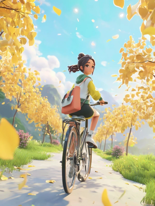 Girl Riding Bike Autumn Scene Illustration