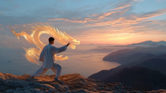 Tai Chi Master and Dragon Energy at Sunset