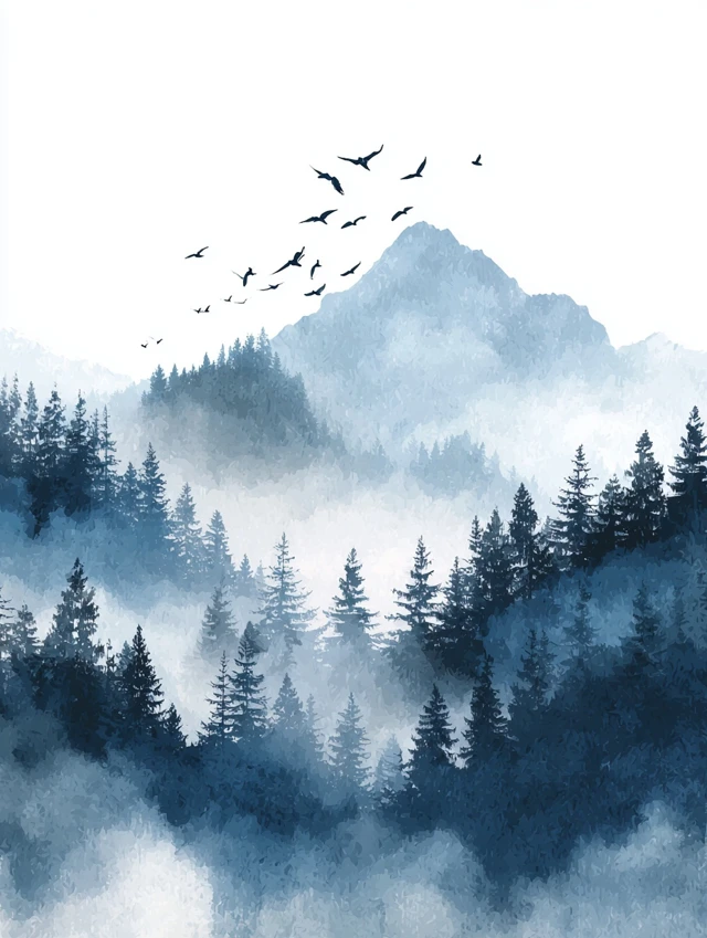 Misty Mountain Watercolor Forest Illustration