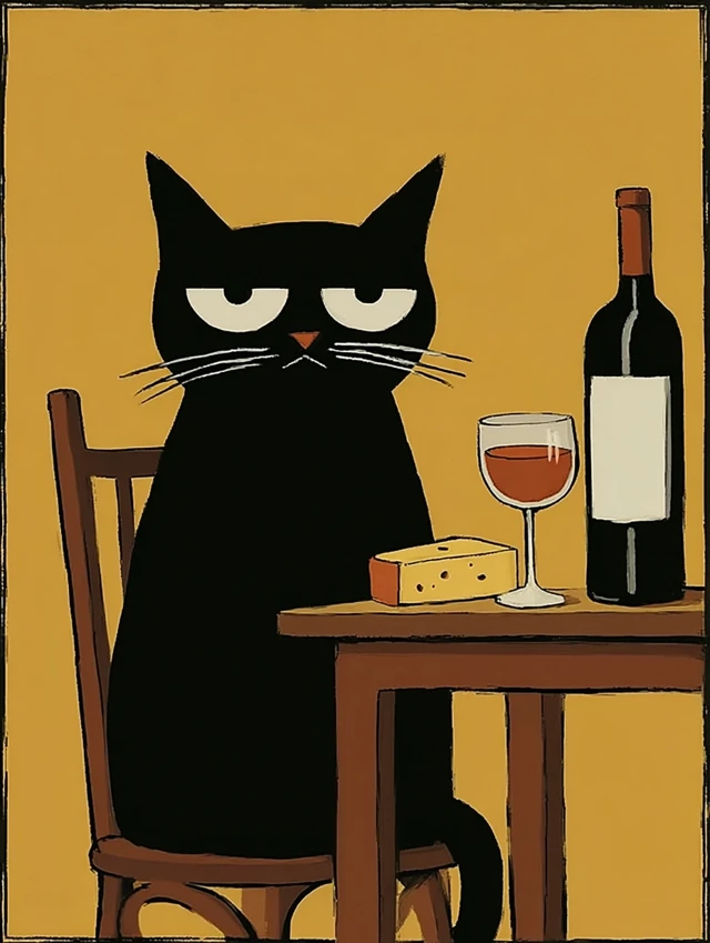 Grumpy Cat with Wine and Cheese Minimalist Illustration