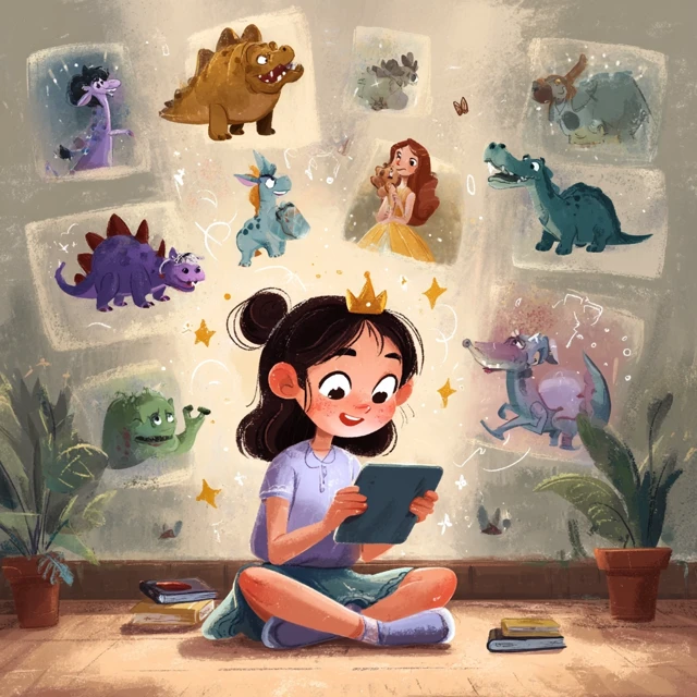 Girl Drawing Dinosaurs Unicorns and Princesses Cartoon Art