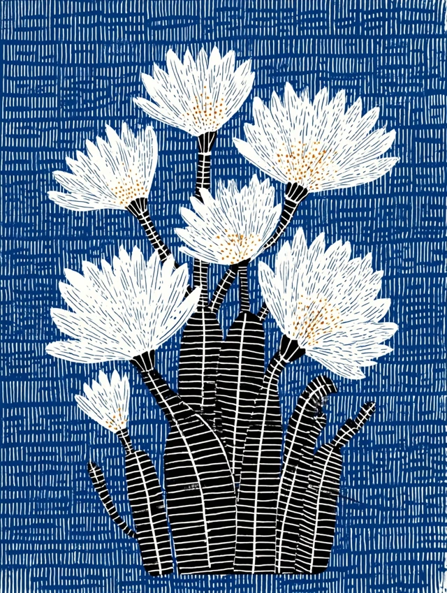 Cactus with White Flowers Naive Art