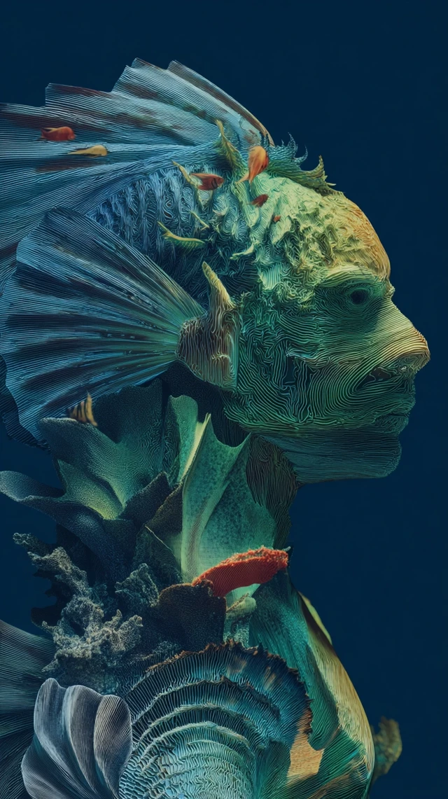 Futuristic 3D Art Ocean Fish Man Profile