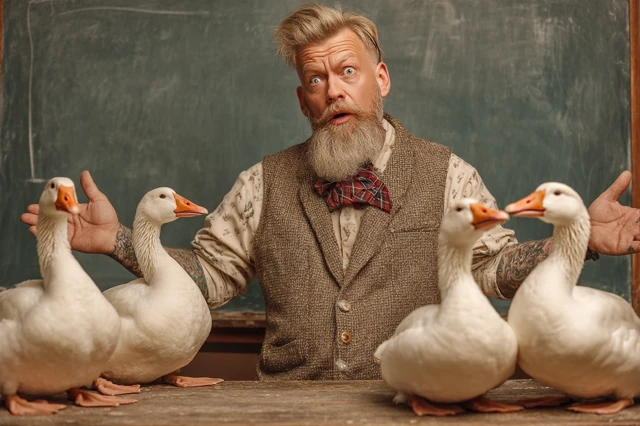 Exasperated Teacher and Misbehaving Geese