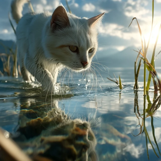 White Cat Walking in Water Lakeside Photo
