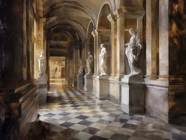 Neoclassical Hallway Marble Statues Golden Light