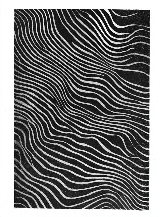 Black and White Wavy Line Art Linocut Print