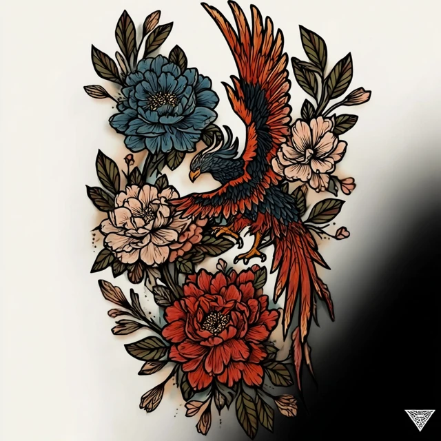 Neo Traditional Tattoo Design: Phoenix and Flowers