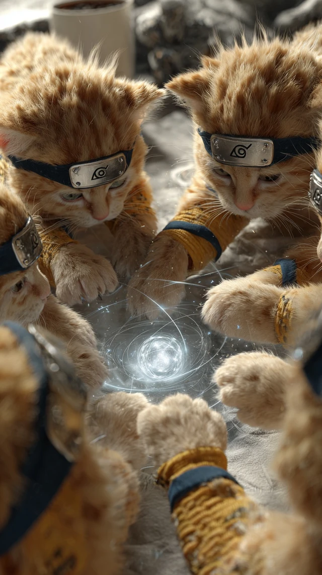 Ninja Kittens Forming Rasengan Anime Inspired