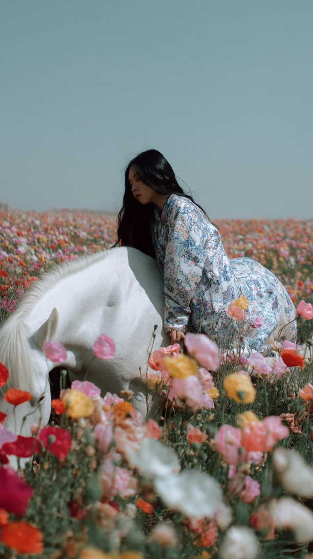 Dreamlike Photo Woman Horse Flowers
