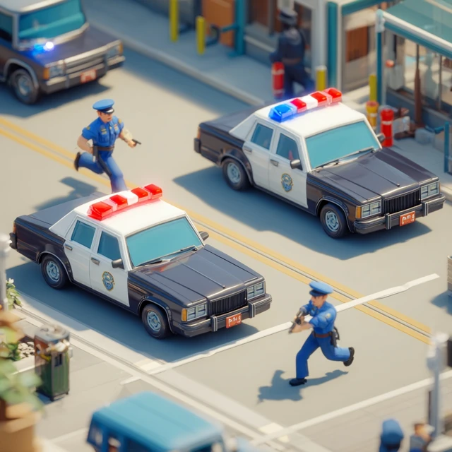 Police Cars and Officers in a 3D Cartoon Scene