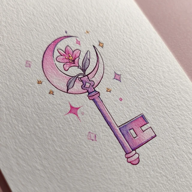 Cute Magical Key Moon Flower Cartoon Tattoo Design