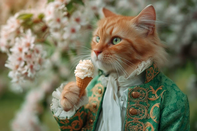 Regal Cat in 18th Century Attire with Ice Cream