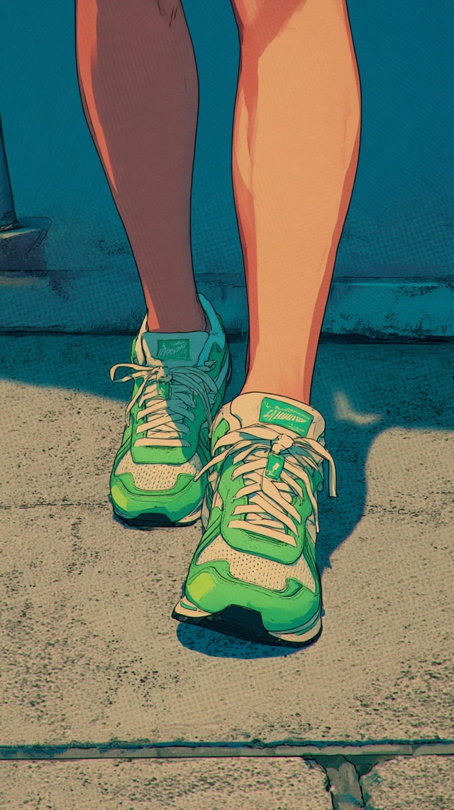 Retro Anime Woman Green Sneakers Walking
