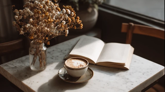 Cozy Cafe Scene Latte Book Dried Flowers