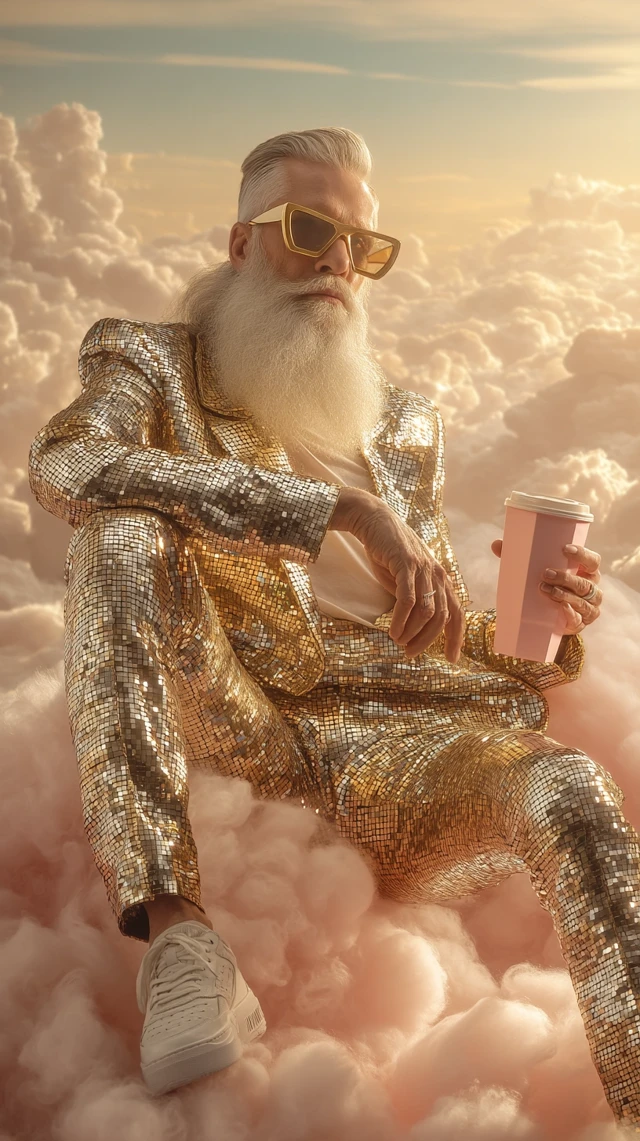 Celestial Fashion: Stylish Older Man on Clouds