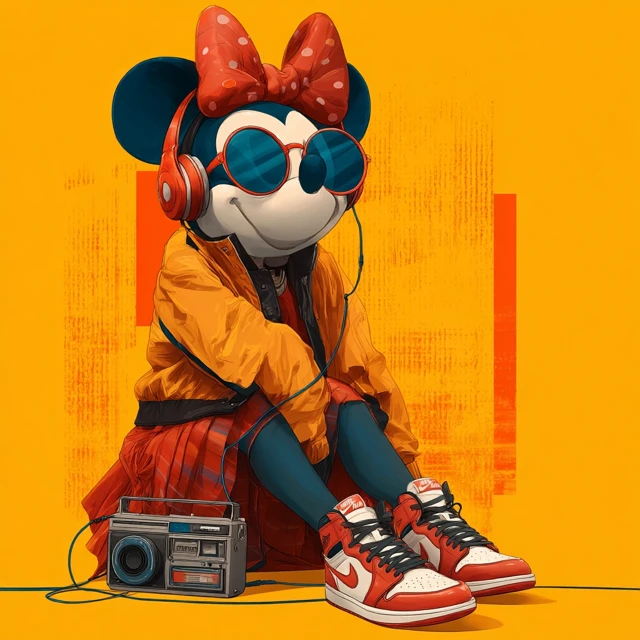 Minnie Mouse Listening to Music Retro Style