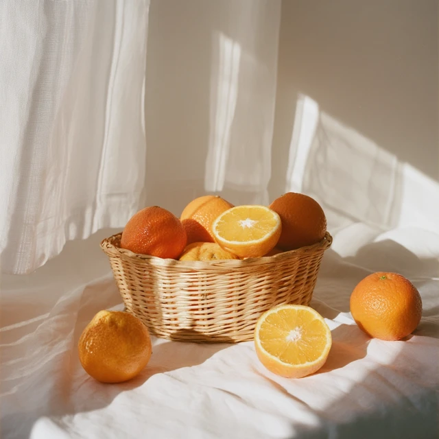 Oranges in a Basket Sunlight and Freshness