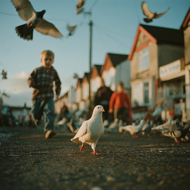 London Street Scene: Children Chasing Pigeons