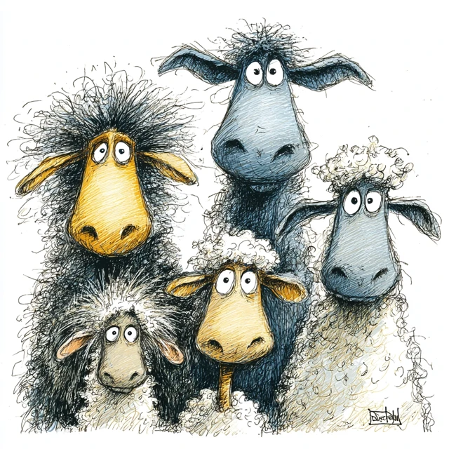 Whimsical Sheep Family Cartoon Illustration