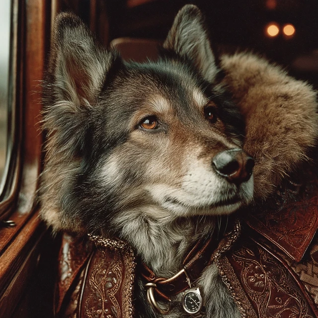 Helmut Newton Husky in Vintage Train Hyperrealistic Photo