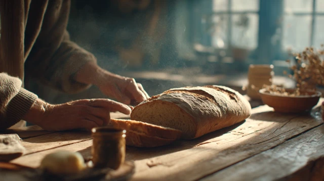 Warm Bread Slicing Soft Light Rustic Scene