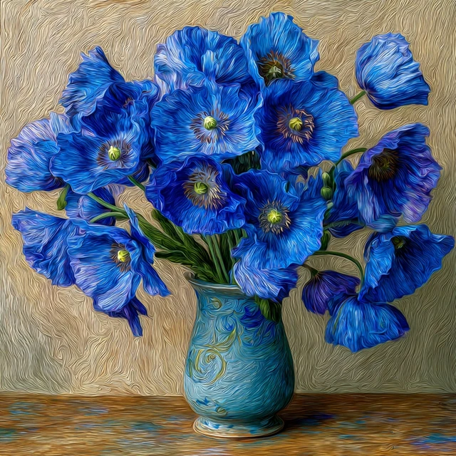 Blue Poppy Flowers in Vase Van Gogh Style Painting