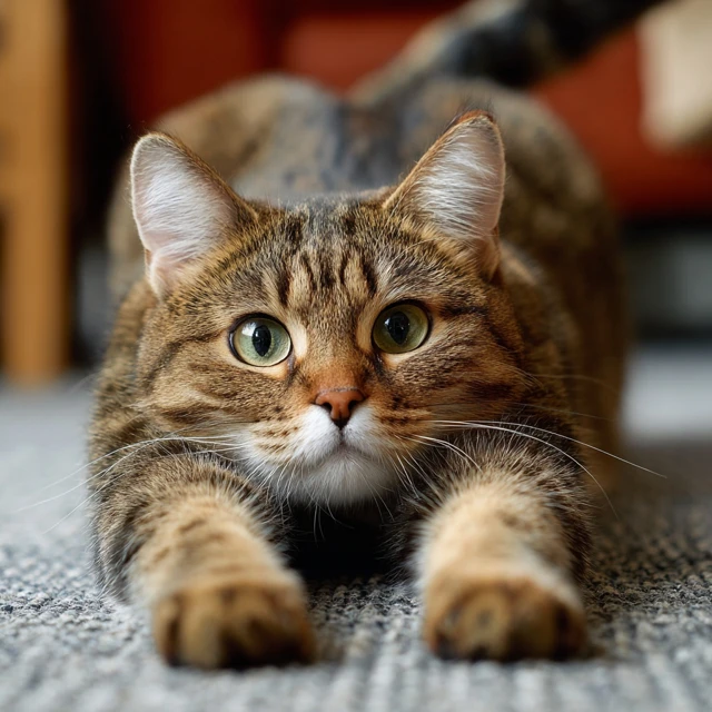 Brown Tabby Cat Stretching on Gray Background