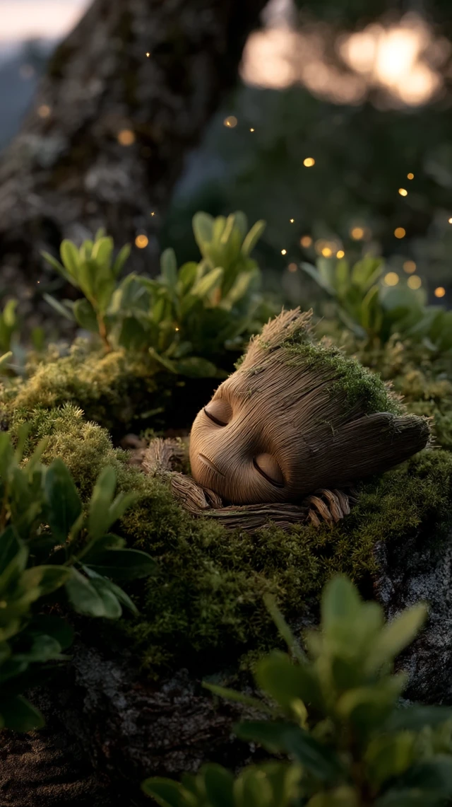 Baby Groot Sleeping in a Magical Forest