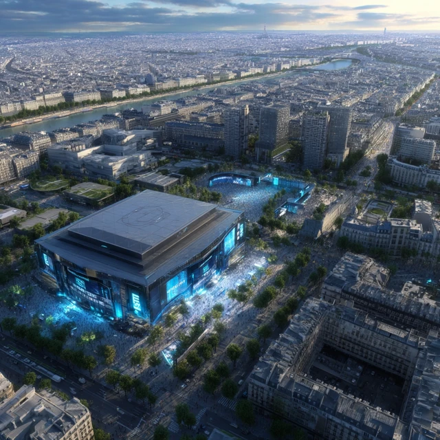 Paris Esports Arena Drone Shot Cityscape View 4K