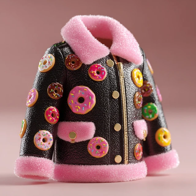 Black Leather Jacket with Doughnut Icing and Sprinkles