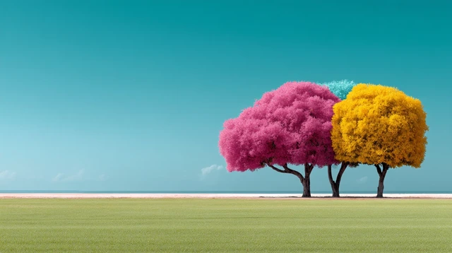 Colorful Trees on a Green Meadow High Resolution