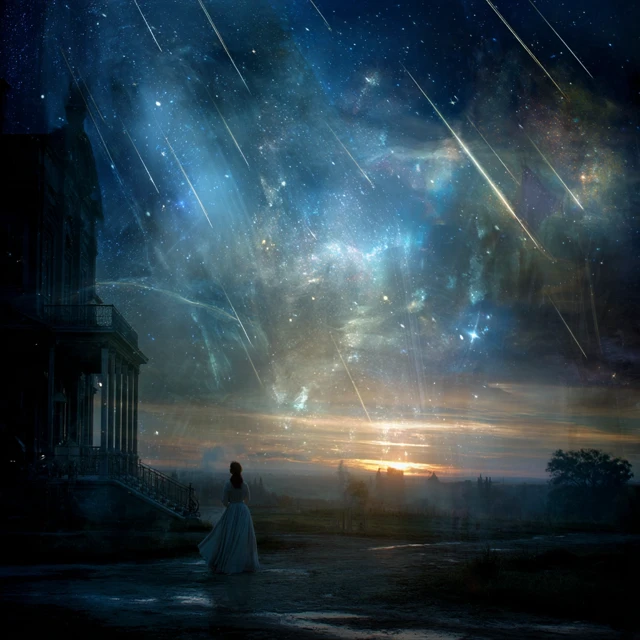 Ethereal Twilight Scene Shooting Stars Surreal Art