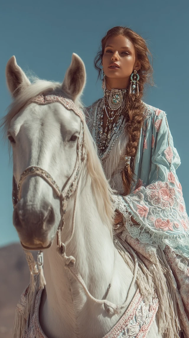 Boho Woman on Horse in Desert Fashion Photography