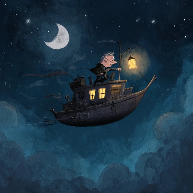 Man Flies in Night Sky on Boat Adventure