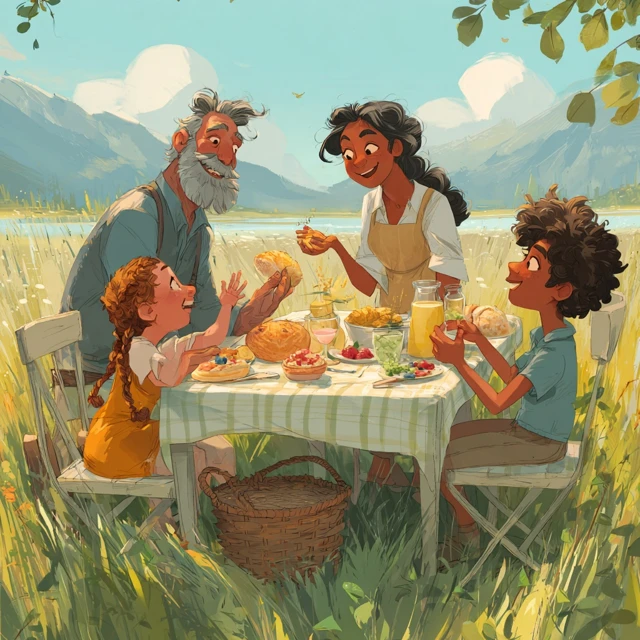 Family Picnic in the Meadow Illustration