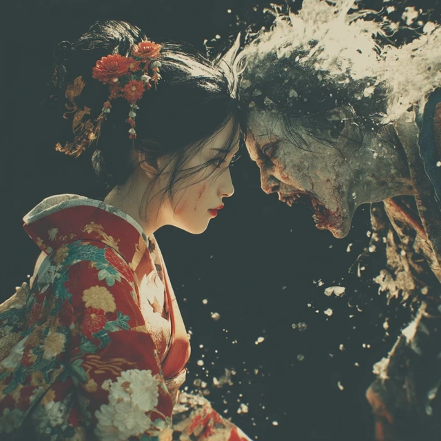 Anime Art Japanese Woman vs Zombie Ghost 4K Sumi e
