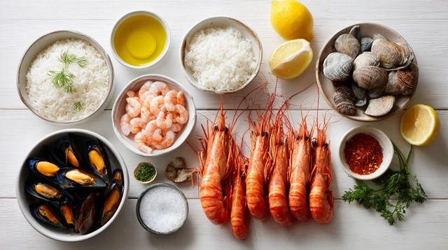 Fresh Paella Ingredients on White Surface
