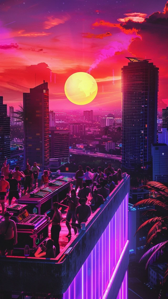 Synthwave Rooftop Party Miami 80s Vibe