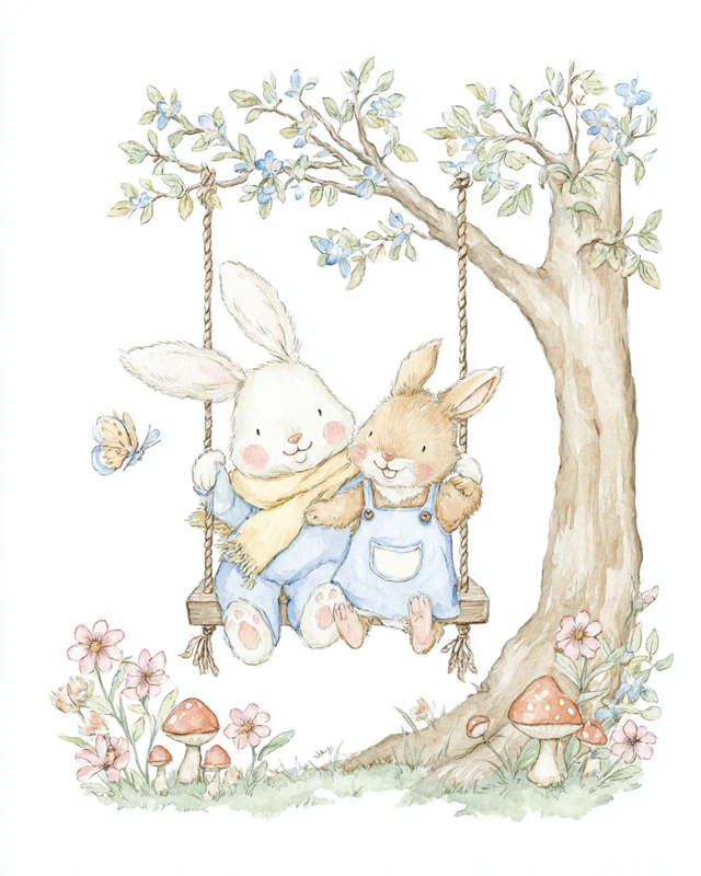 Bunny and Squirrel on a Swing Watercolor Illustration