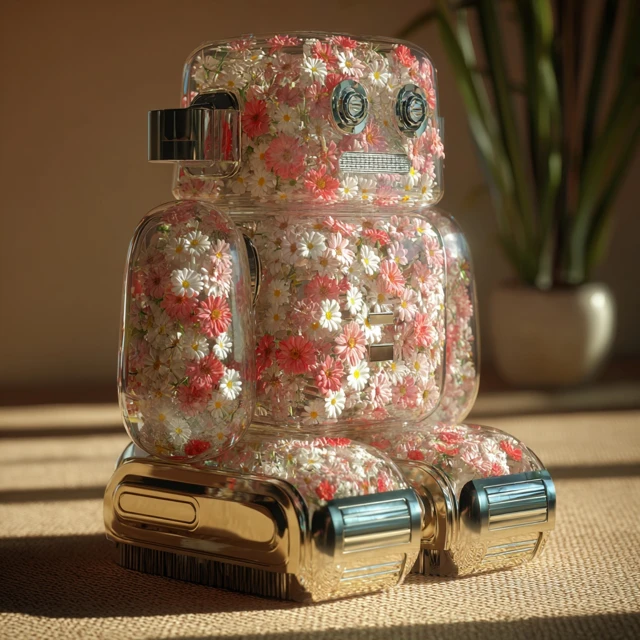 Golden Robot Vinyl Figure with Flowers 3D Render