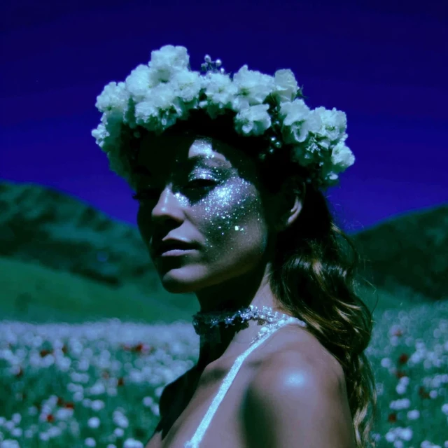 Bohemian Bridal Model with Flowers and Glitter Eyeshadow