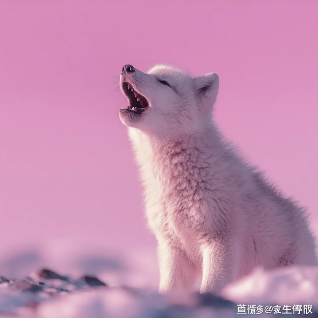 Howling White Wolf Cub Isolated on Pink