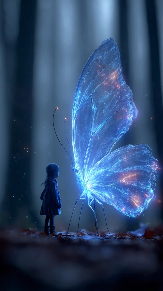 Magical Forest Encounter Girl and Bioluminescent Butterfly