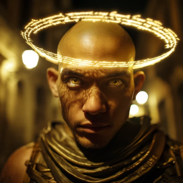 Bald Man with Halo in Gothic Street